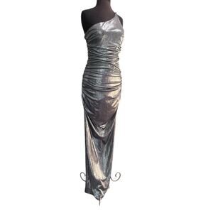 Y2K Liquid Silver Goddess Glam Asymmetric Maxi Dress 13/14 Prom Gala Disco